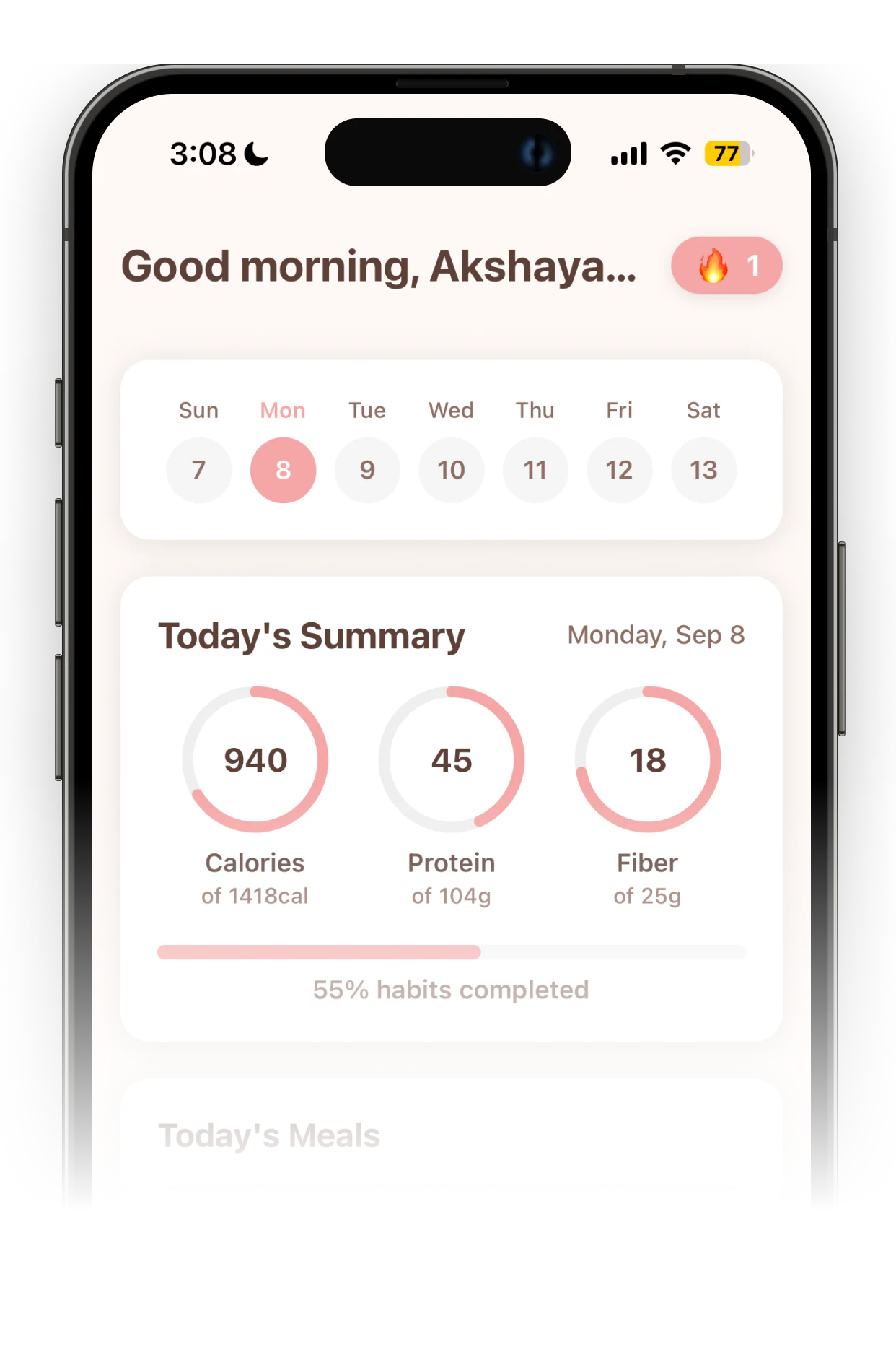 PCOS Polly app dashboard showing nutrition and habit progress