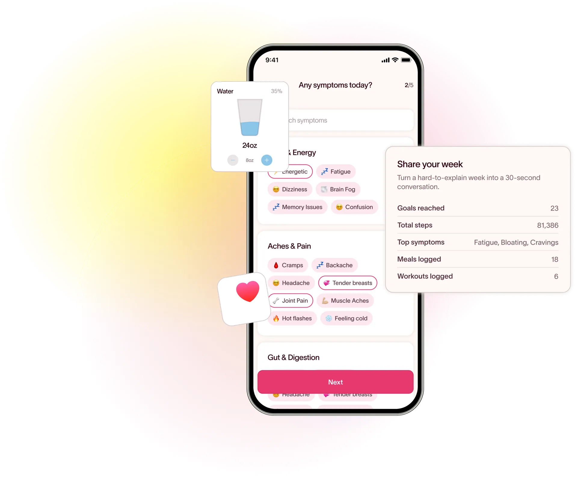 Symptom logging screen with water tracking and a shareable weekly summary of goals, steps, symptoms, meals, and workouts