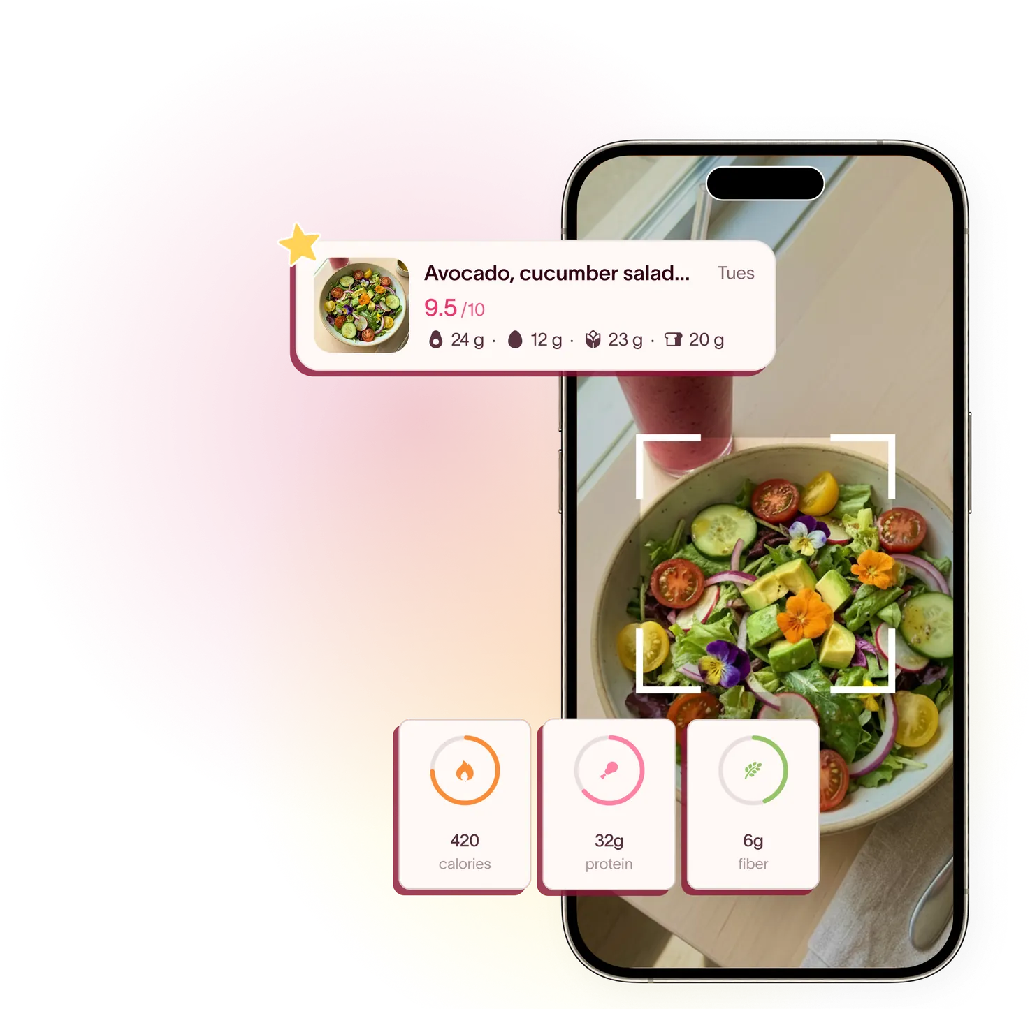 Phone scanning an avocado and cucumber salad, with a 9.5 out of 10 PCOS score and calories, protein, and fiber cards