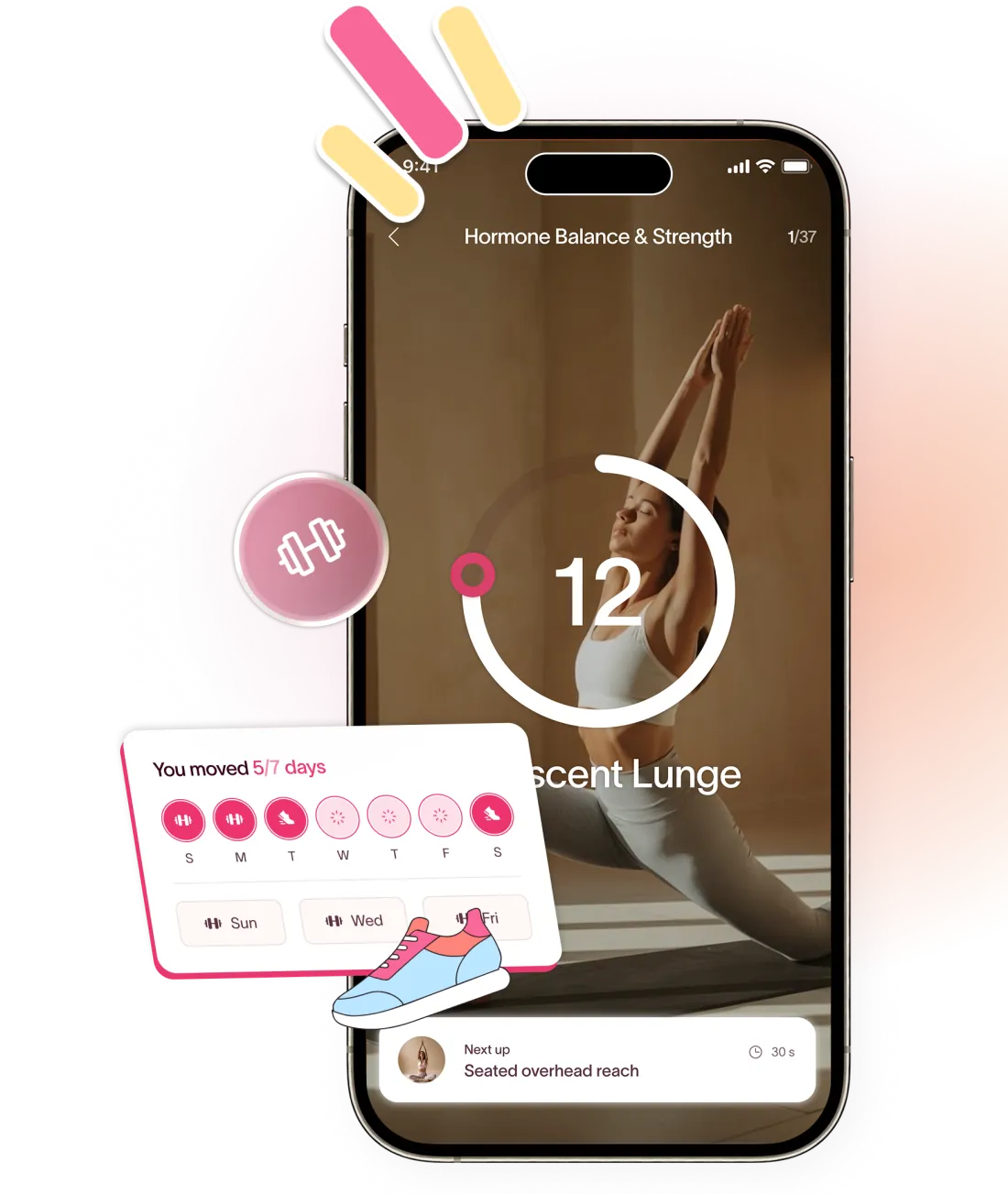 Phone showing a guided PCOS workout with a Crescent Lunge countdown, surrounded by a weekly movement tracker and a sneaker sticker