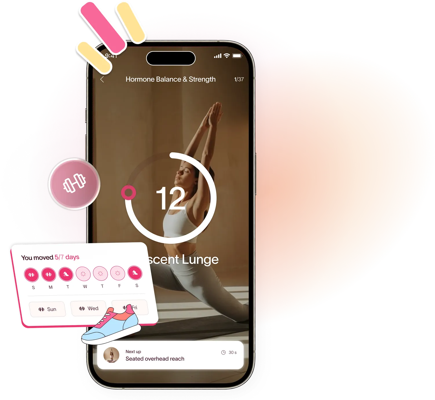 Phone showing a guided PCOS workout with a Crescent Lunge countdown, surrounded by a weekly movement tracker and a sneaker sticker