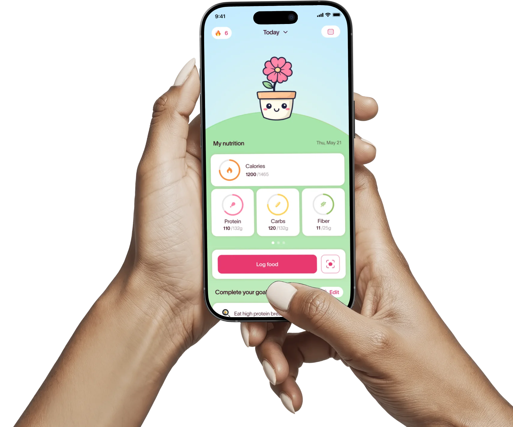 Hand holding a phone showing the PCOS Polly daily dashboard with nutrition, habits, and the Polly flower